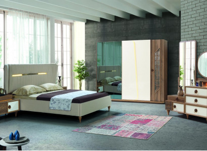 Bedroom set bed 2x bedside tables 5-piece design textile wood wardrobe